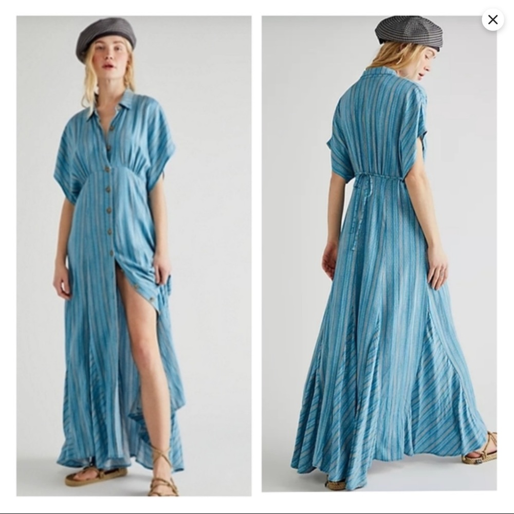 NWT Free people Women Rowan Maxi Blue Stripe Dress with Pockets Sz XS